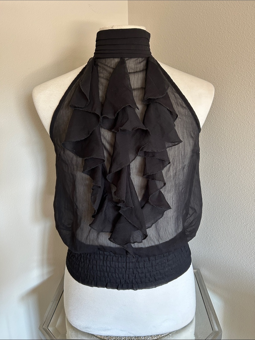 Pink Collection- Womens Sheer Black Sleeveless Ruffle Halter Top - Size L